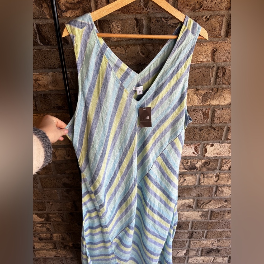 J Jill Love Linen Lotus Maxi Dress size XL Striped Blue Green Lined - Picture 13 of 16